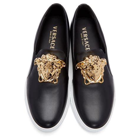 versace collection black leather metal rivets strap loafer shoes|versace flats for women.